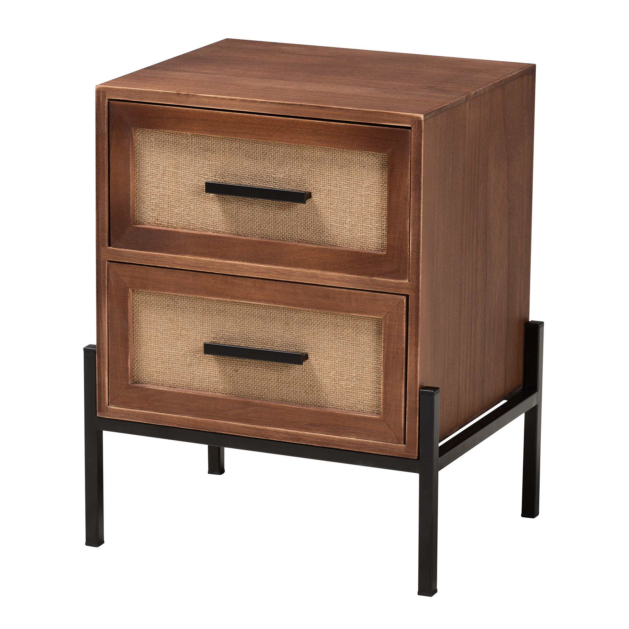 Baxton Studio Paxley Mid-Century Modern Industrial Walnut Brown Finished Wood and Beige Fabric 2-Drawer End Table